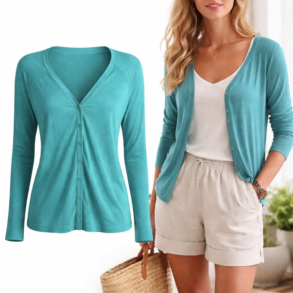 Massimo Dutti | Teal Cardigan | Lightweight Button Front | Long Sleeve | XL